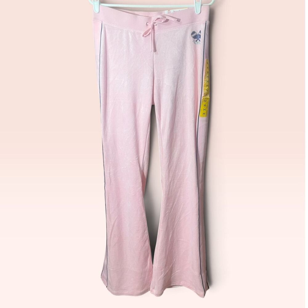 Juicy Couture Cotton Velour Pink Pant Pickleball Flare NWT Size Medium Navy Trim